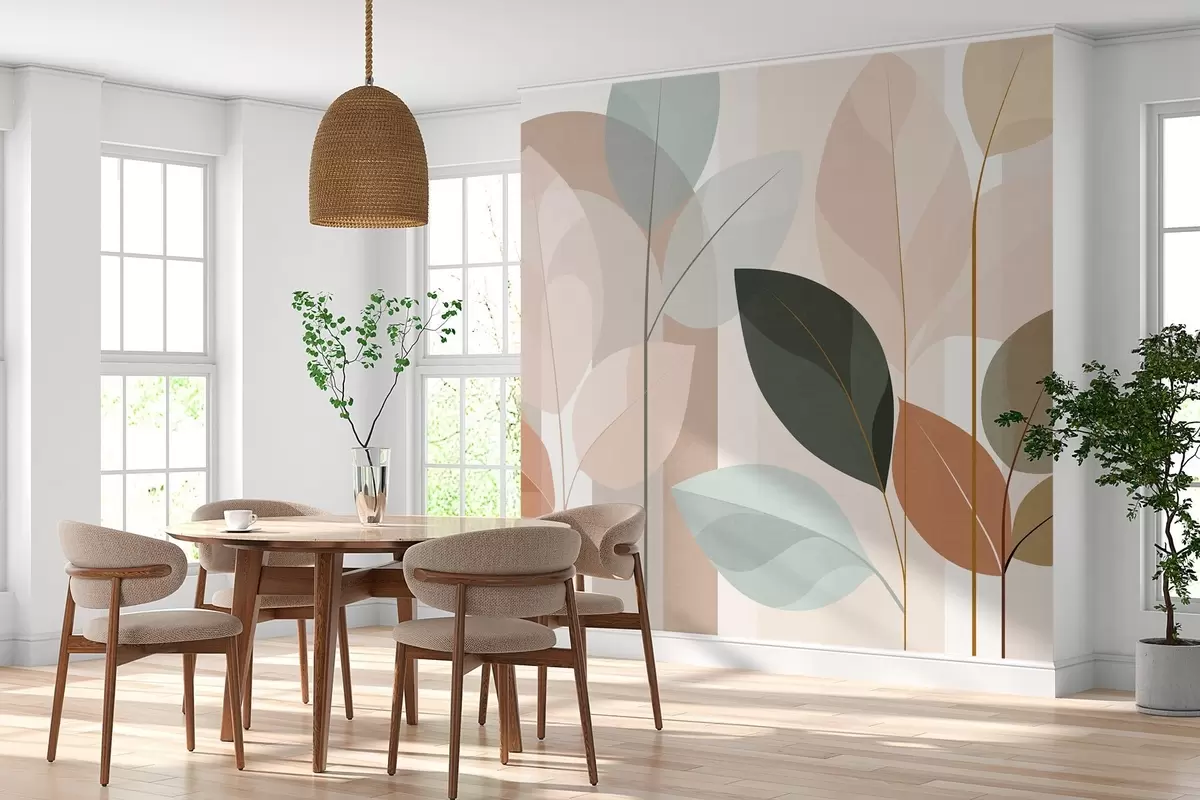 murales de pared un diseño abstracto con motivos de hojas en un estilo de tejido mate, en tonos beige, terracota y melocotón w05986