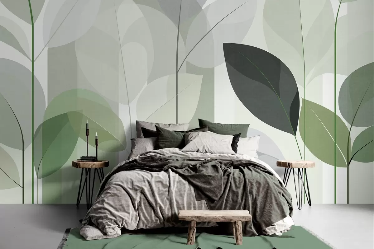 murales de pared un diseño abstracto con hojas en un estilo de tejido mate en tonos verdes w05986v1