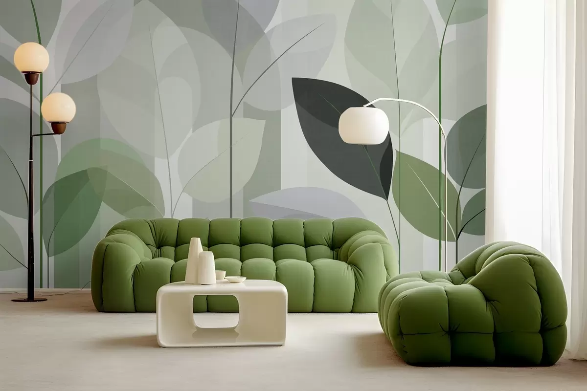 murales de pared un diseño abstracto con hojas en un estilo de tejido mate en tonos verdes w05986v1