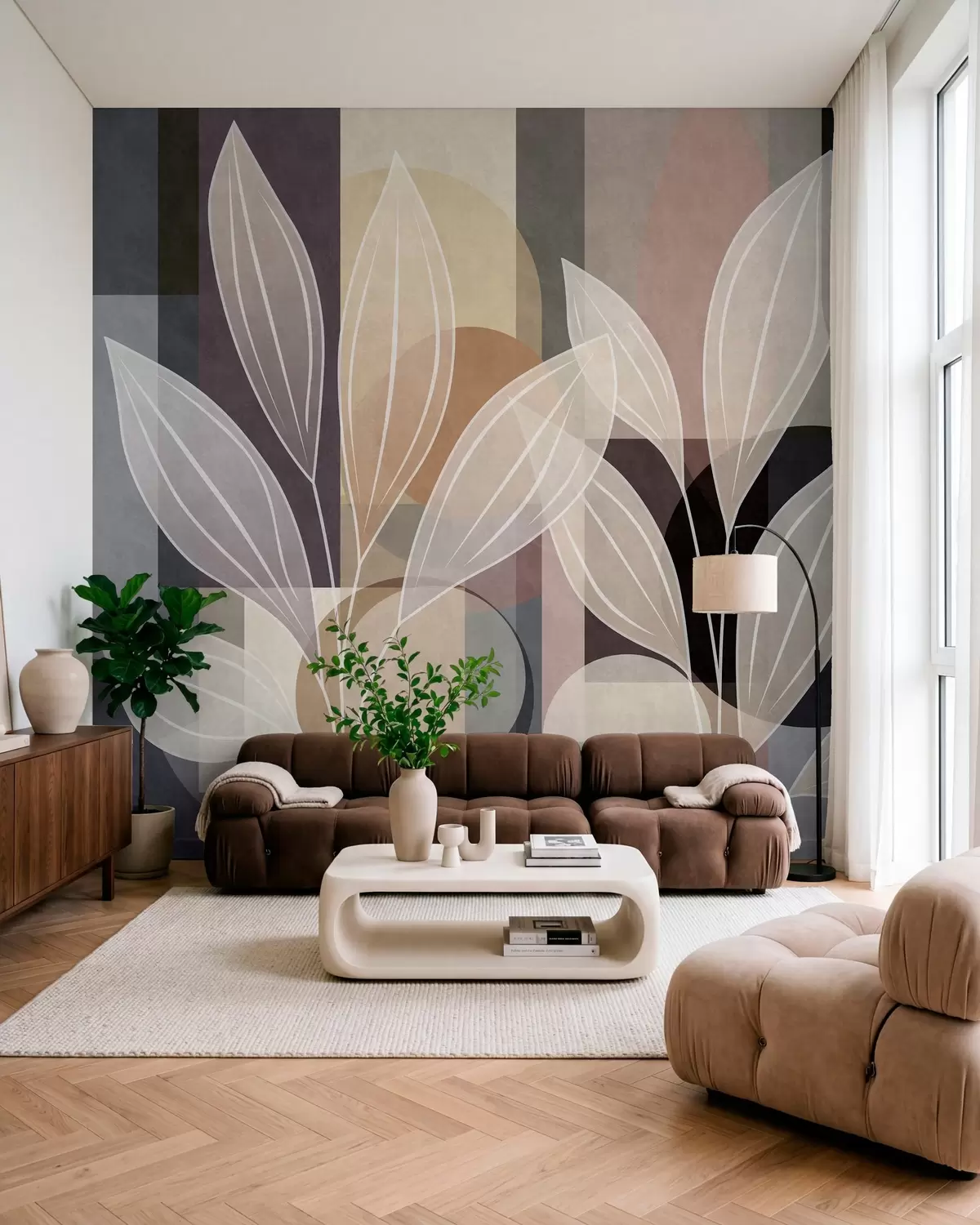 murales de pared hojas estilizadas sobre un fondo geométrico en tonos beige y colores oscuros w05987