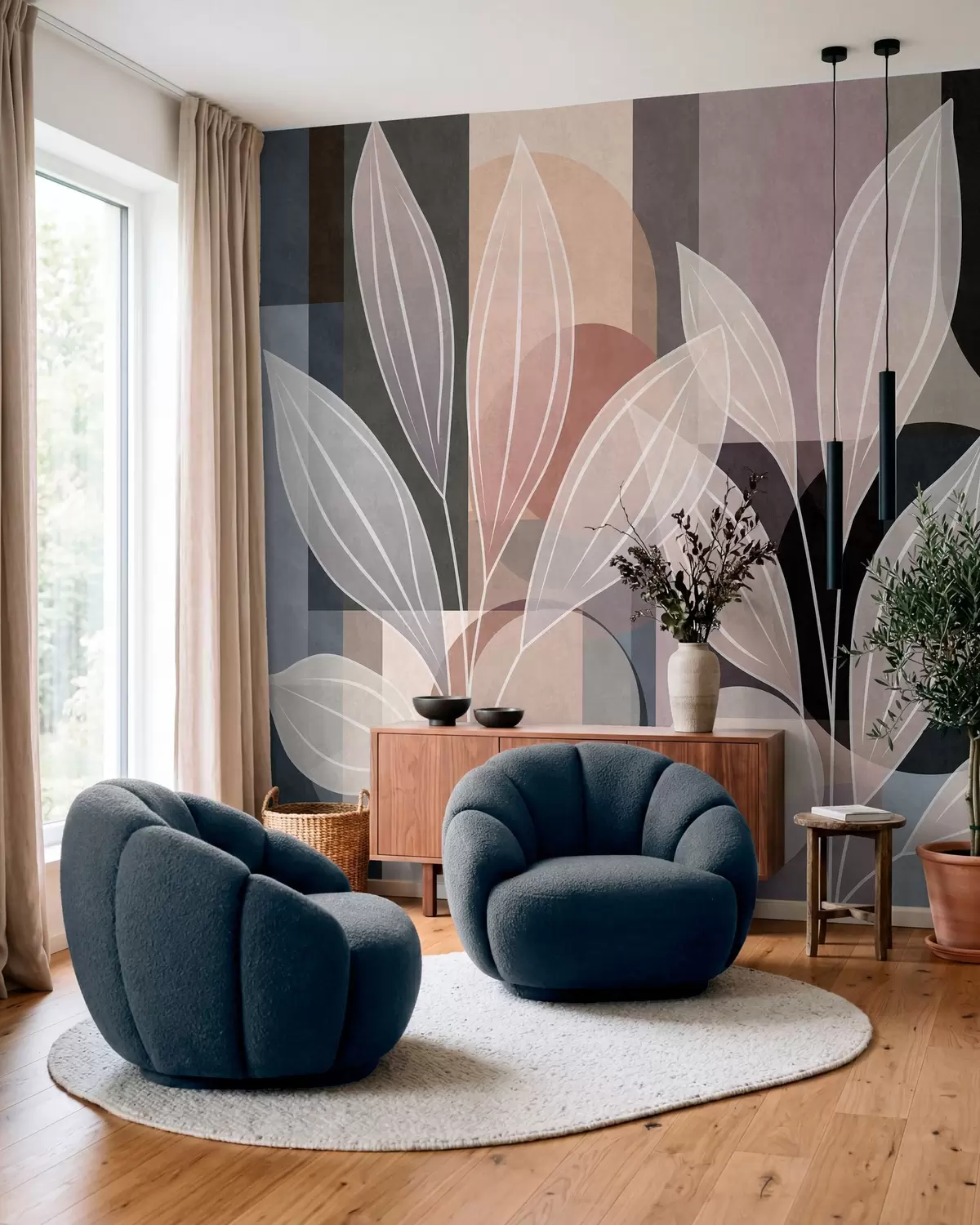 murales de pared folaje estilizado sobre un fondo geométrico en tonos empolvados y oscuros w05987v1