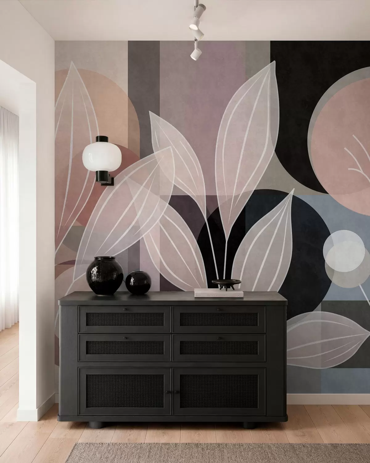 murales de pared folaje estilizado sobre un fondo geométrico en tonos empolvados y oscuros w05987v1