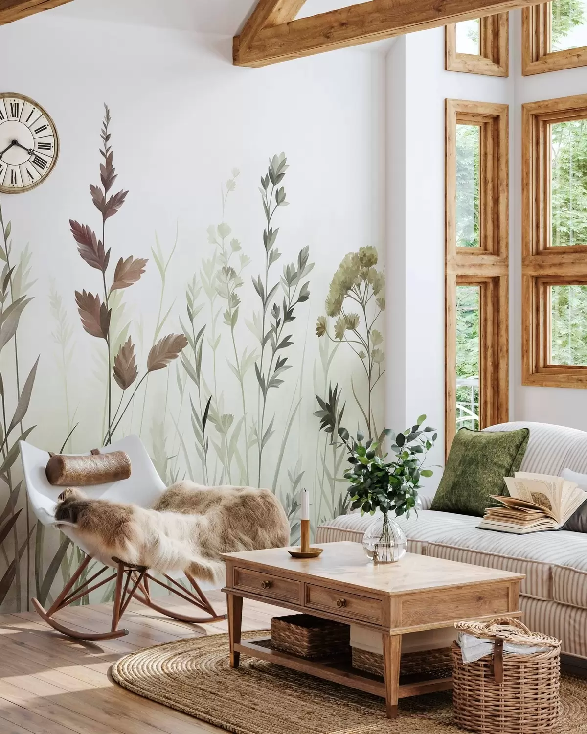 murales de pared Hierbas silvestres altas y flores silvestres en tonos verdes apagados, estética minimalista w10084v1
