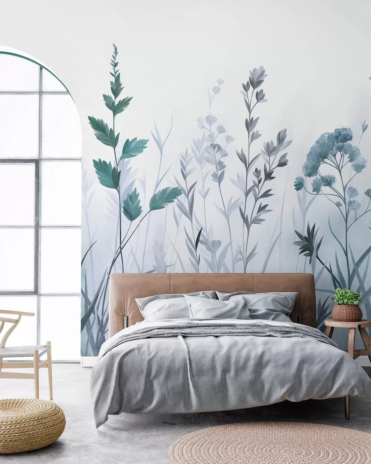 murales de pared Hierbas silvestres altas y flores silvestres en tonos azules apagados, estética minimalista w10084v2