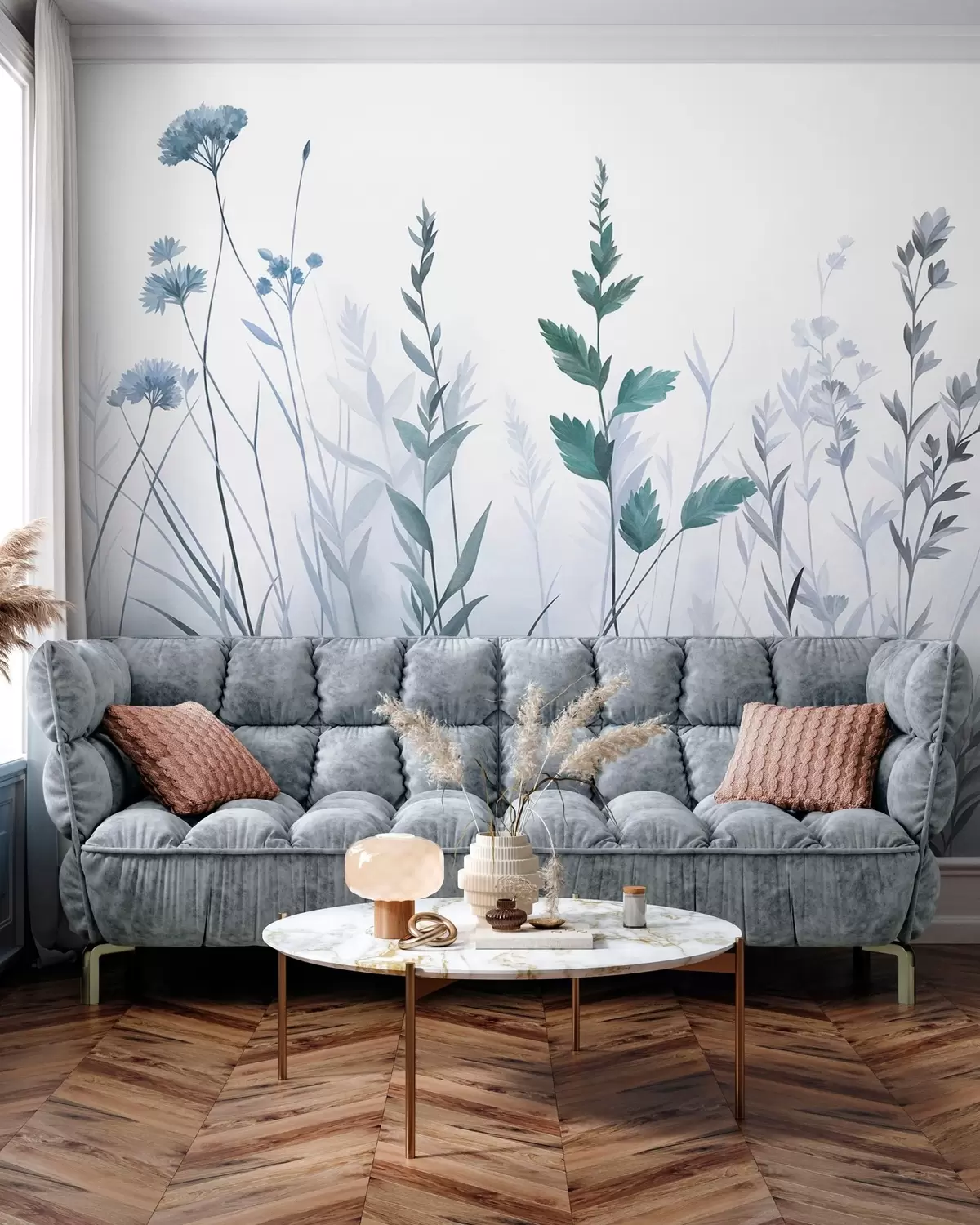 murales de pared Hierbas silvestres altas y flores silvestres en tonos azules apagados, estética minimalista w10084v2