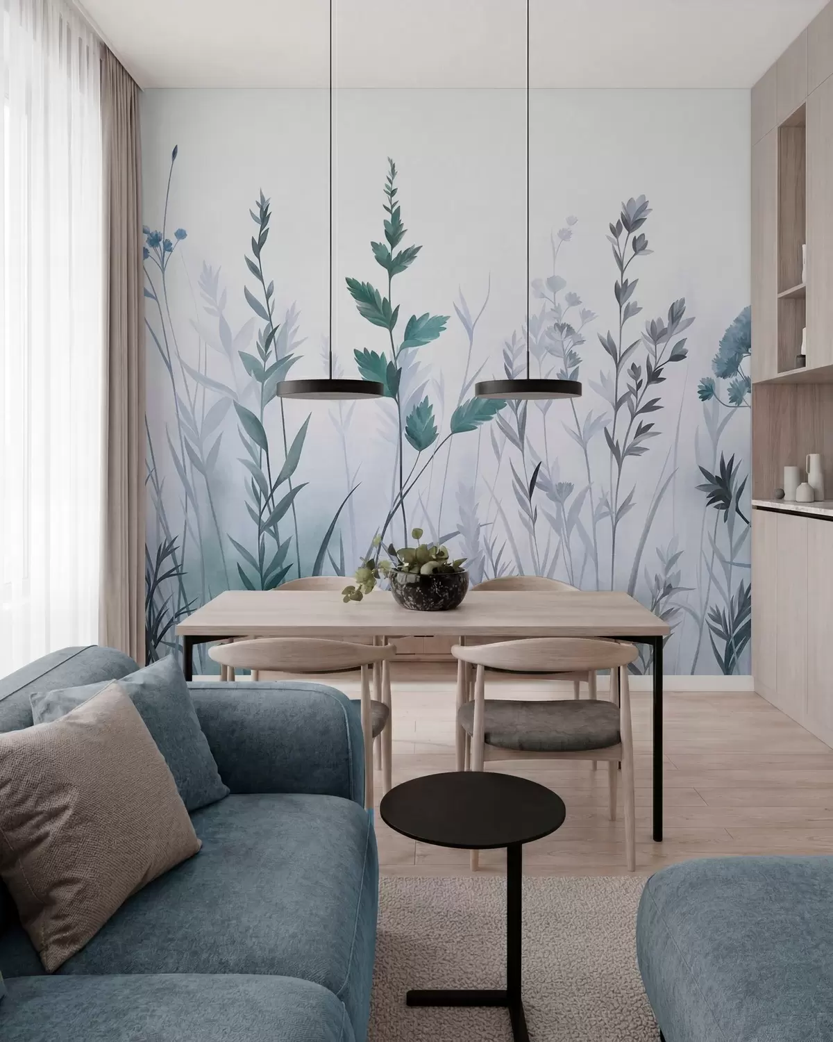 murales de pared Hierbas silvestres altas y flores silvestres en tonos azules apagados, estética minimalista w10084v2