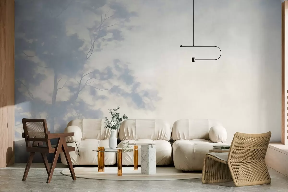 murales de pared Árbol con textura y ramas, sobre un fondo de color crema pálido y azul claro; arte minimalista w10108