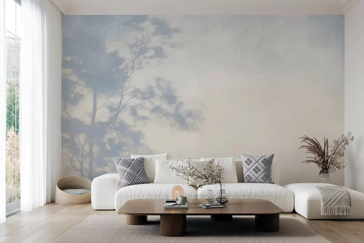 murales de pared Árbol con textura y ramas, sobre un fondo de color crema pálido y azul claro; arte minimalista w10108