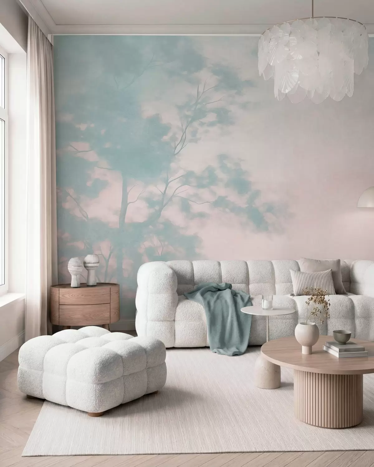 murales de pared Árbol con textura y ramas, fondo rosa pálido y turquesa, arte minimalista w10108v1