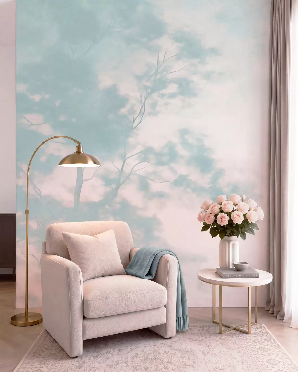 murales de pared Árbol con textura y ramas, fondo rosa pálido y turquesa, arte minimalista w10108v1