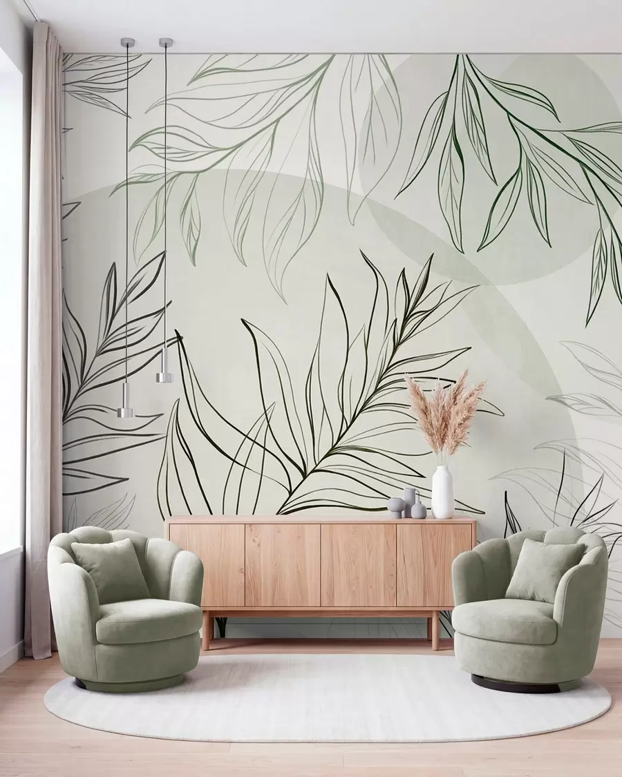 murales de pared Dibujo minimalista de hojas y follaje tropicales, con formas circulares en tonos pastel w10111v2
