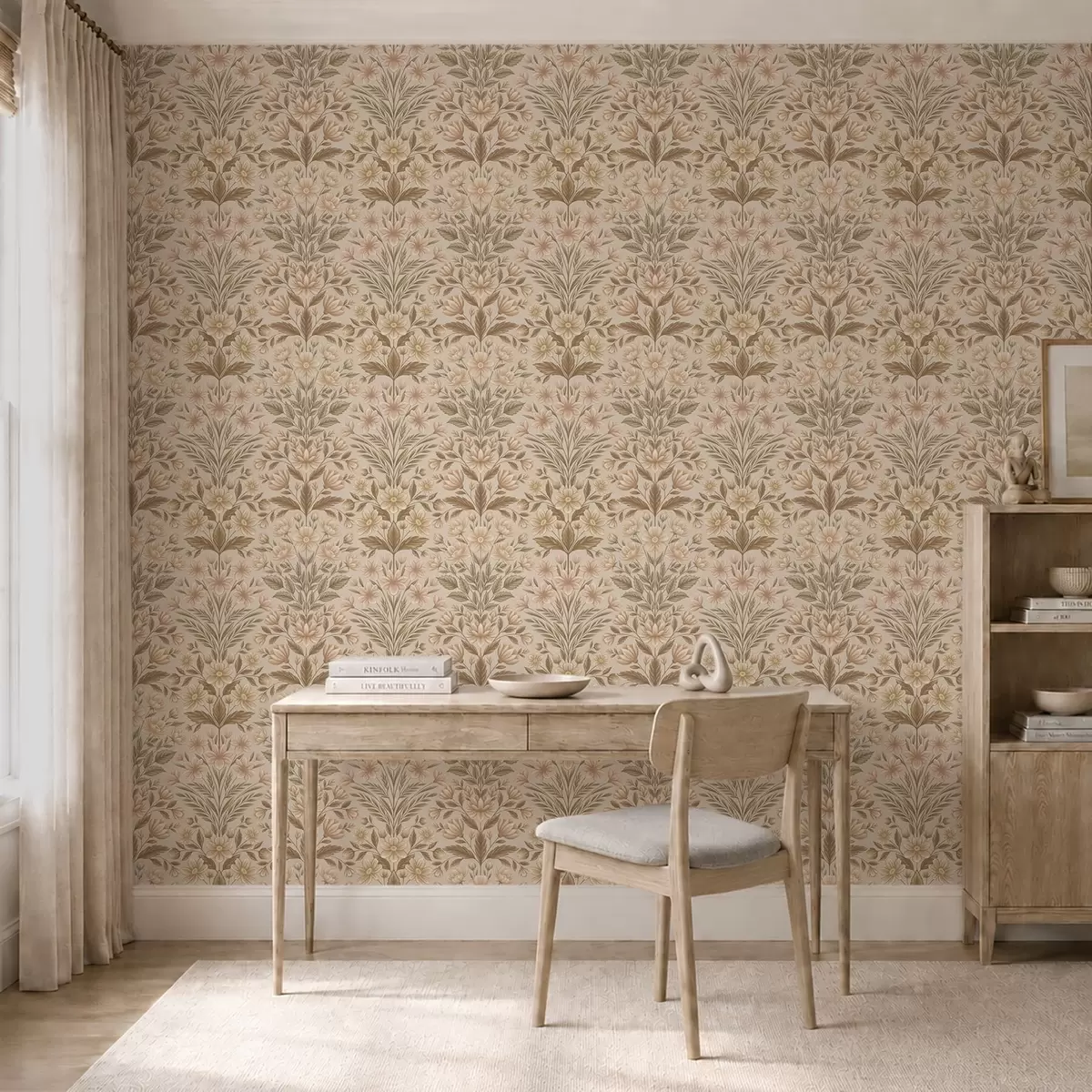 Papel pintado Flores de melocotonero y hojas de color verde oliva sobre un fondo beige a01279v1