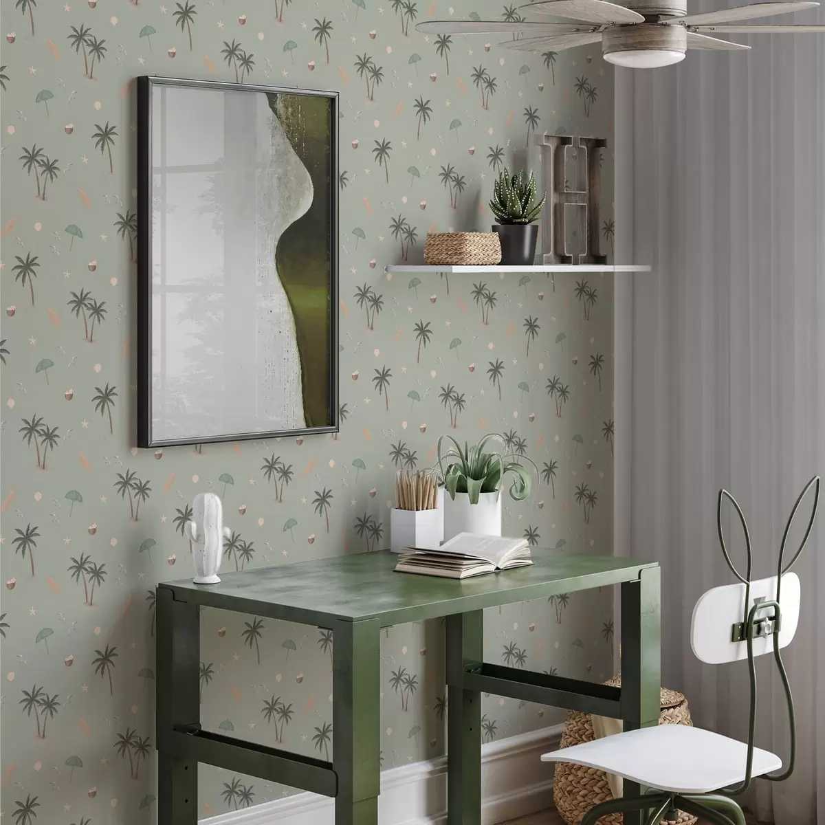 Papel pintado Palmeras tropicales, pájaros y conchas marinas sobre un fondo verde salvia a01280v1
