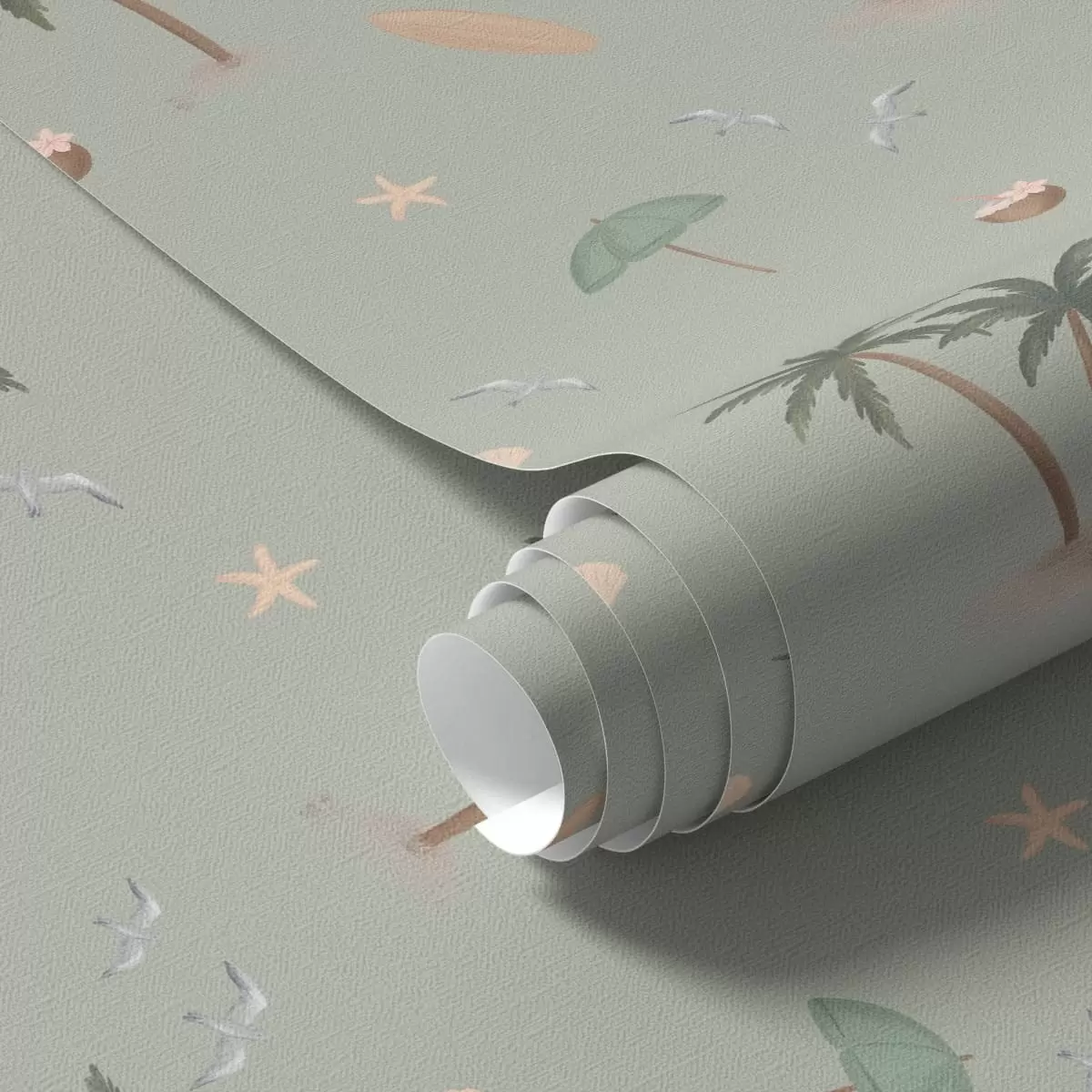 Papel pintado Palmeras tropicales, pájaros y conchas marinas sobre un fondo verde salvia a01280v1