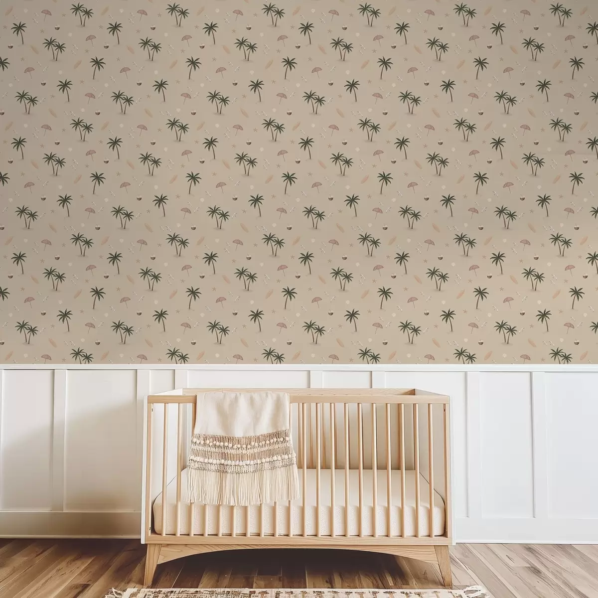 Papel pintado Palmeras tropicales, pájaros y sombrillas rosas sobre un fondo beige a01280v2