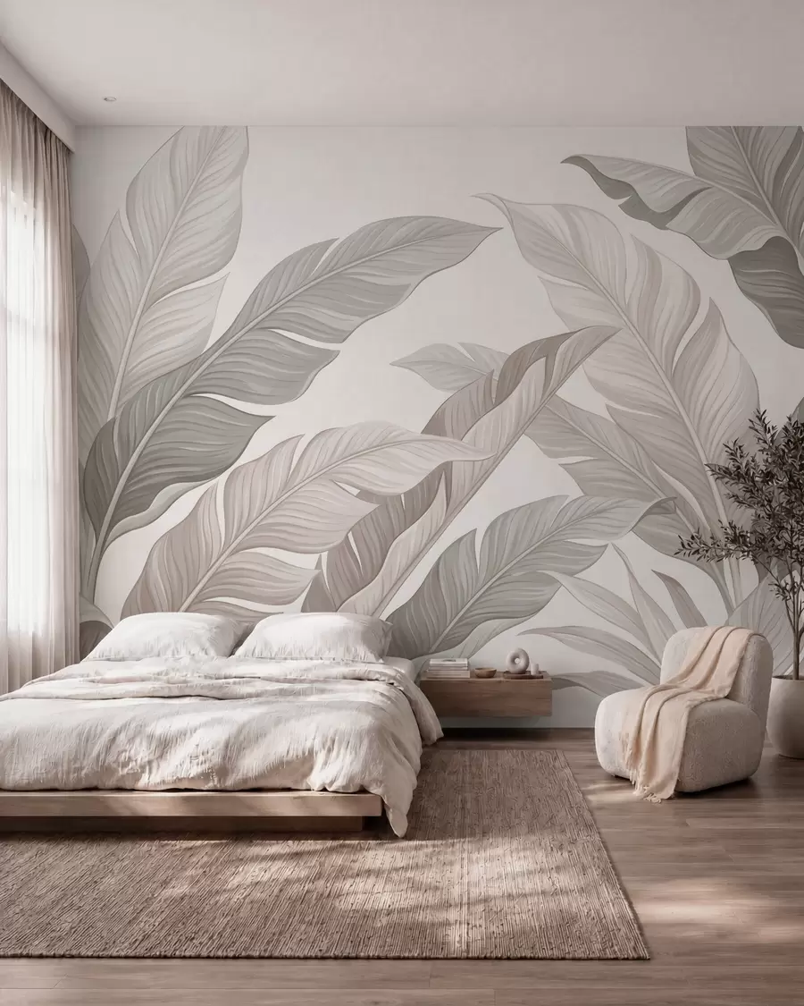 murales de pared Delicadas hojas botánicas en tonos beige natural y verde salvia w10089