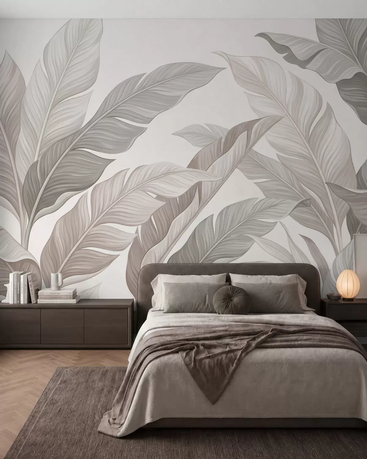 murales de pared Delicadas hojas botánicas en tonos beige natural y verde salvia w10089