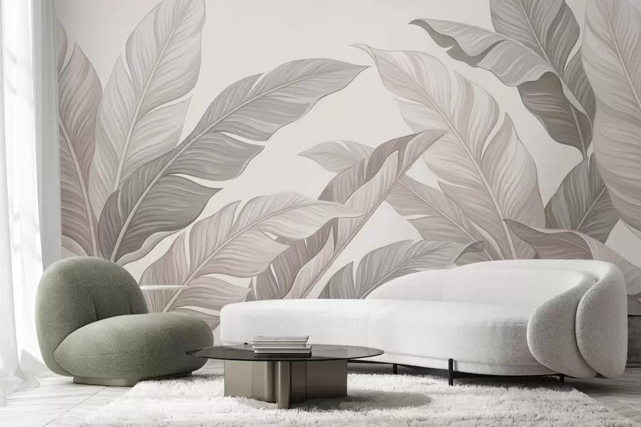 murales de pared Delicadas hojas botánicas en tonos beige natural y verde salvia w10089