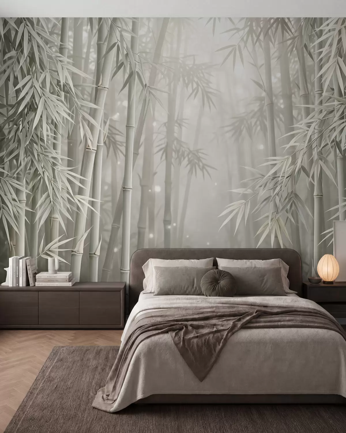 murales de pared Un bosque de bambú místico envuelto en una suave niebla, con tonos oliva apagados y blanco lechoso w10090