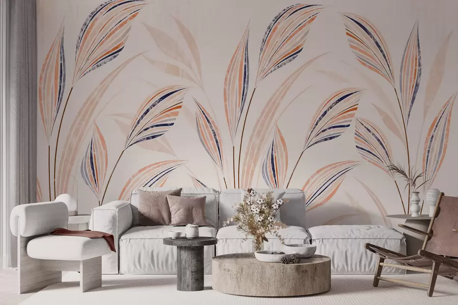 murales de pared Hierbas decorativas abstractas con elegantes hojas alargadas en tonos melocotón, crema y azul acuarela w10093