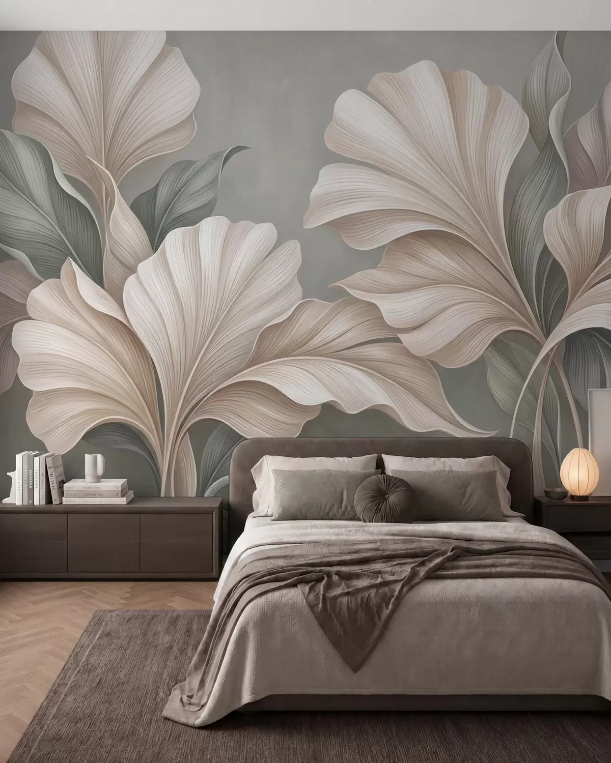 murales de pared Delicadas hojas botánicas en tonos beige natural y verde salvia w10094