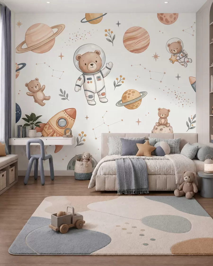 murales de pared Simpáticos ositos de peluche astronautas entre planetas, cohetes y estrellas, en un suave estilo de acuarela en tonos pastel w10096