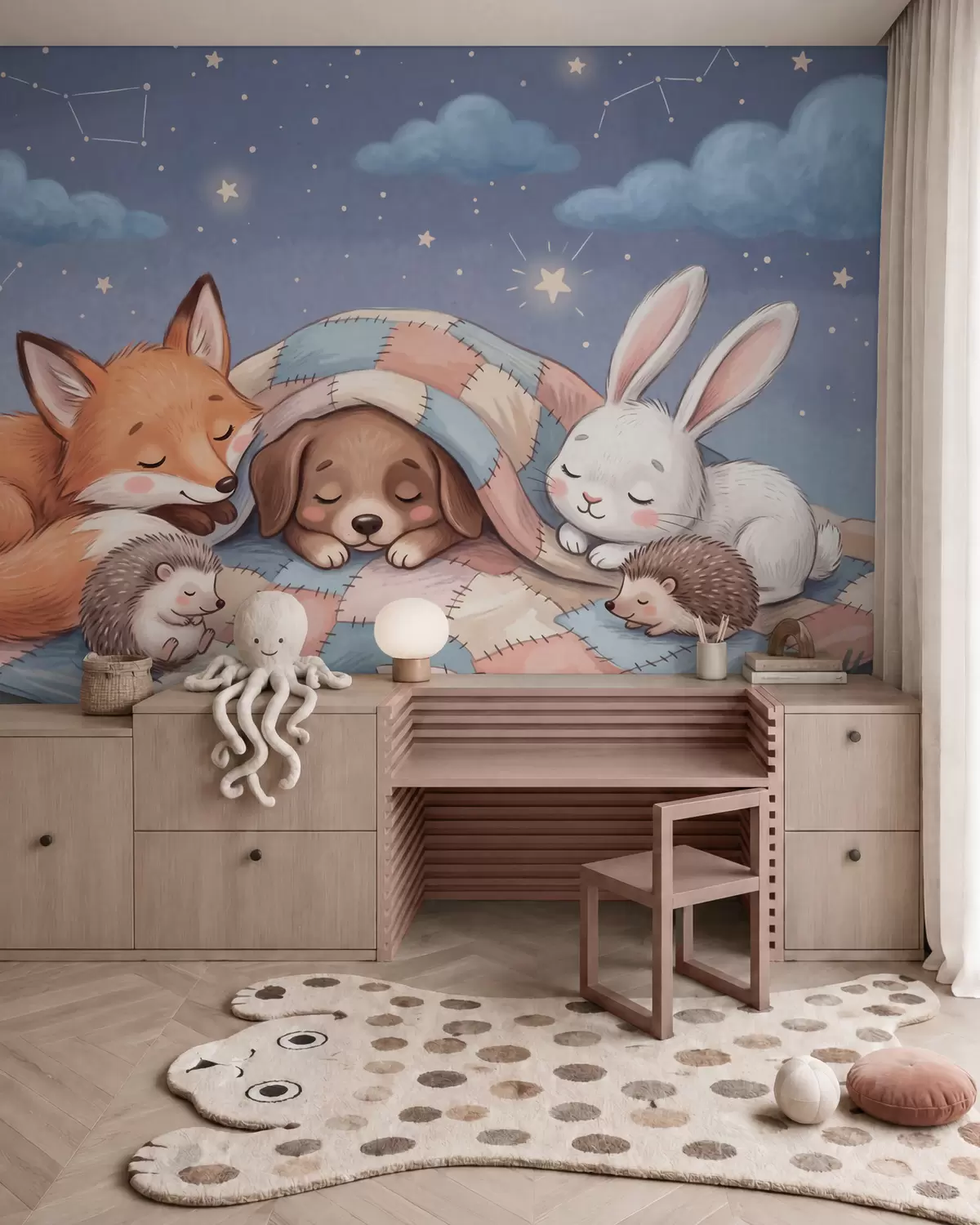 murales de pared Animales del bosque llenos de fantasía que duermen bajo un cielo estrellado sobre una acogedora manta de retazos, en una encantadora ilustración en acuarela w10098