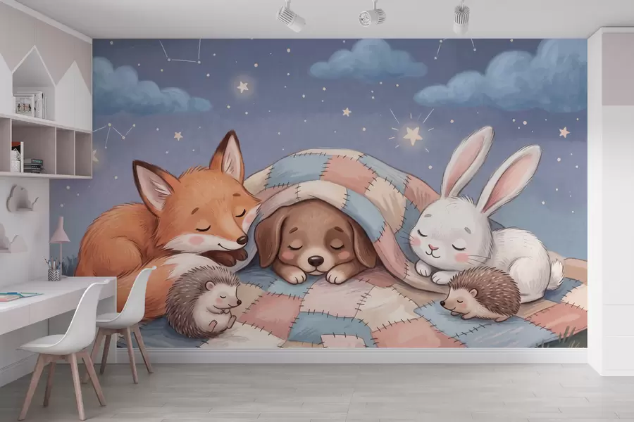 murales de pared Animales del bosque llenos de fantasía que duermen bajo un cielo estrellado sobre una acogedora manta de retazos, en una encantadora ilustración en acuarela w10098