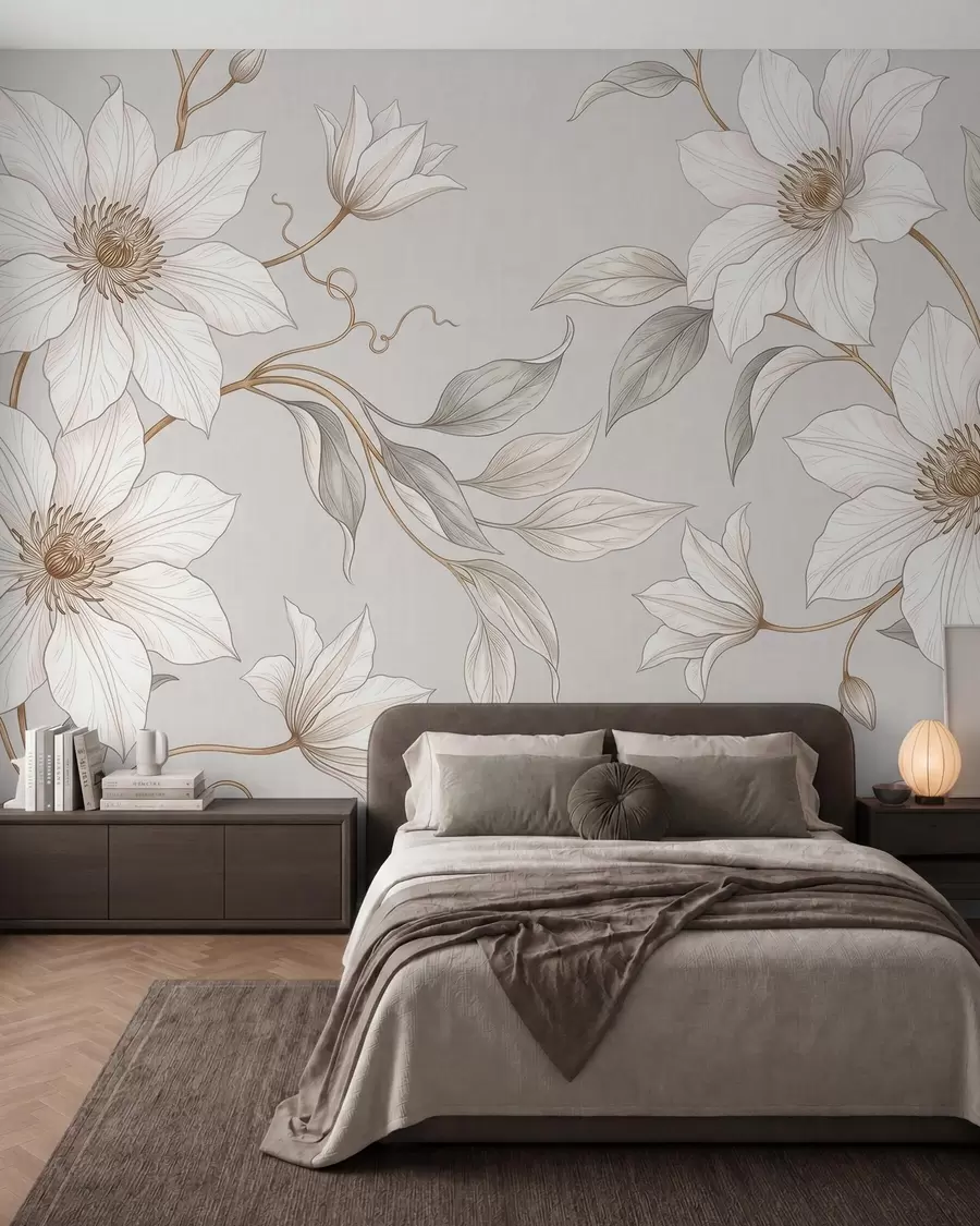 murales de pared Elegantes flores botánicas blancas con delicadas ramas w10099