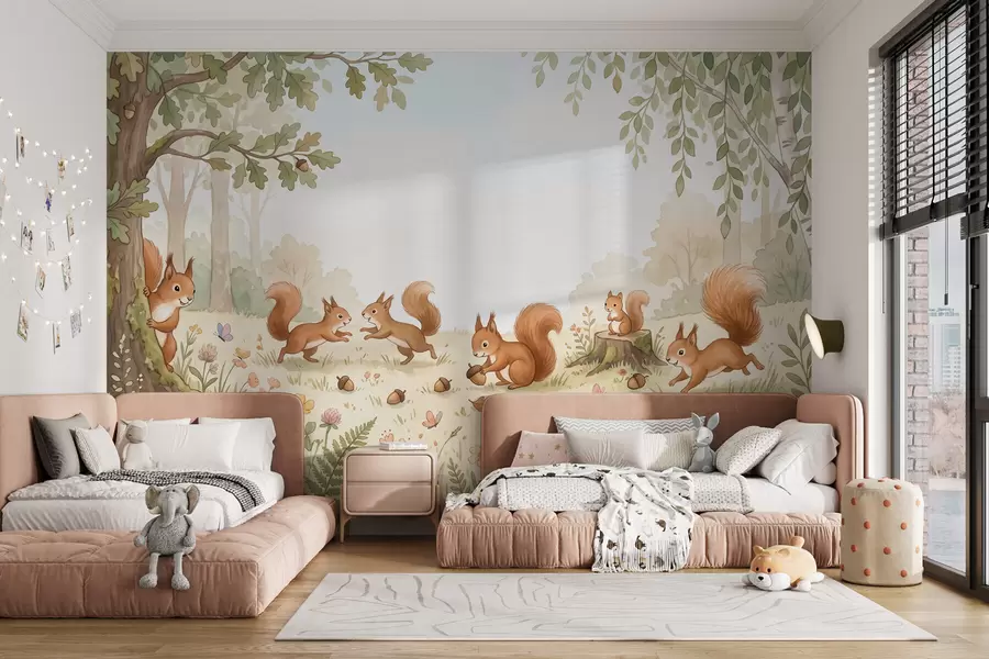 murales de pared Un bosque otoñal con mullidas ardillas rojas, bellotas y delicadas flores silvestres, pintado al estilo de la acuarela w10102