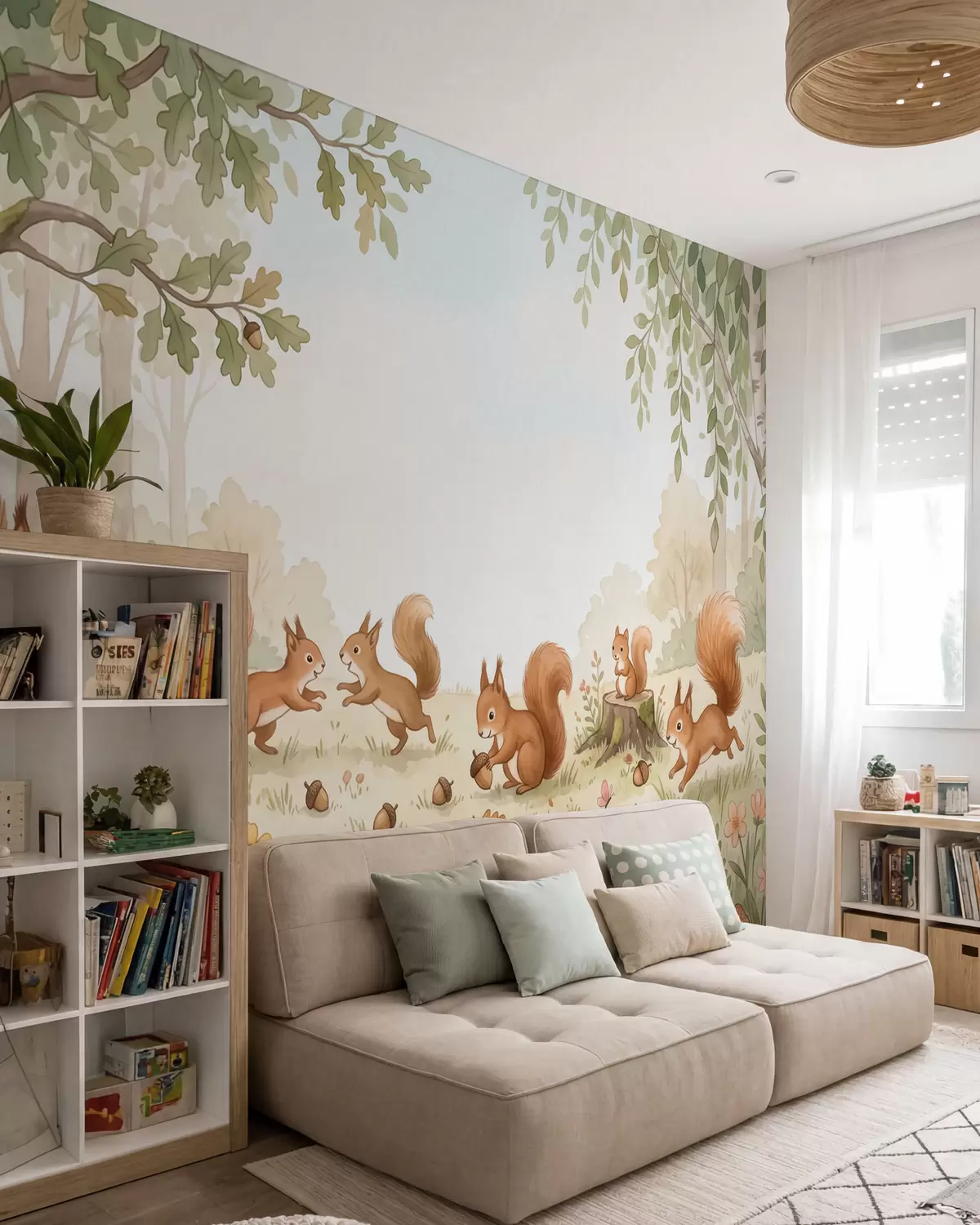 murales de pared Un bosque otoñal con mullidas ardillas rojas, bellotas y delicadas flores silvestres, pintado al estilo de la acuarela w10102