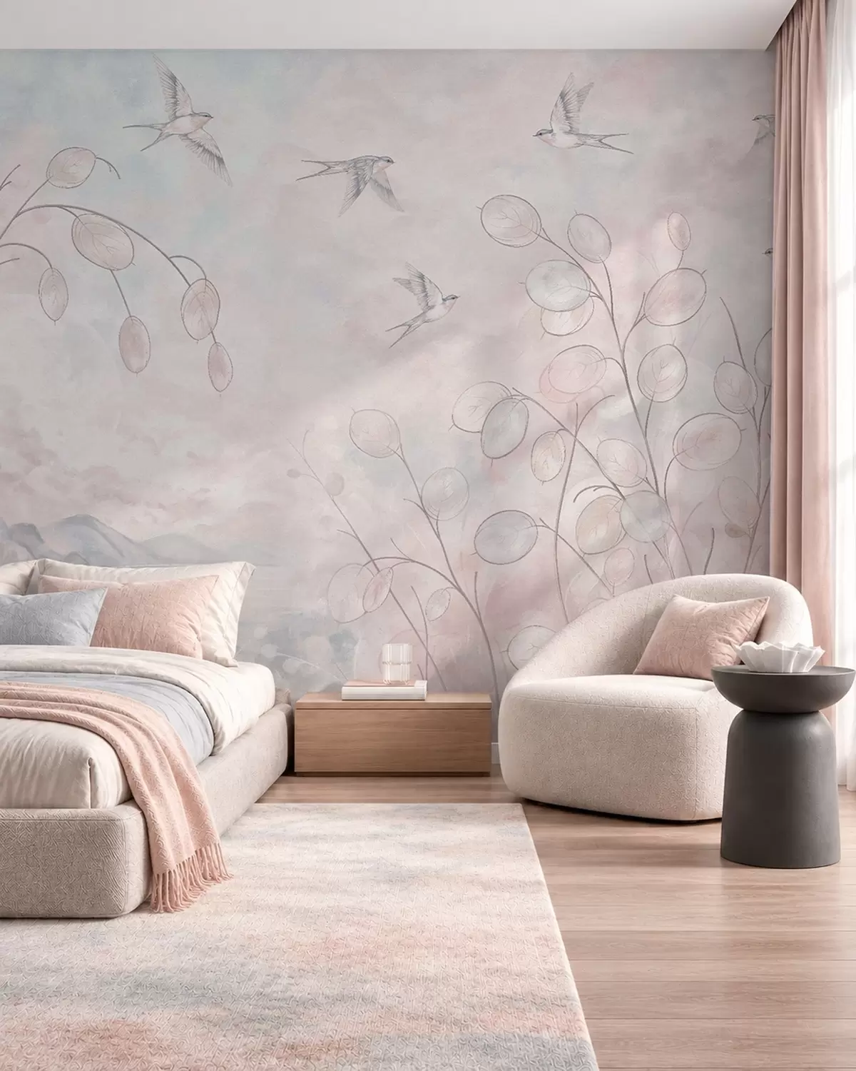 murales de pared Golondrinas y plantas delicadas en tonos pastel w05892v1