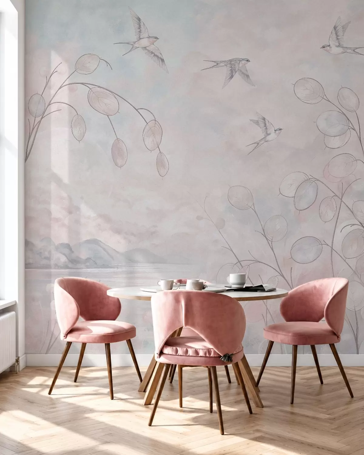 murales de pared Golondrinas y plantas delicadas en tonos pastel w05892v1
