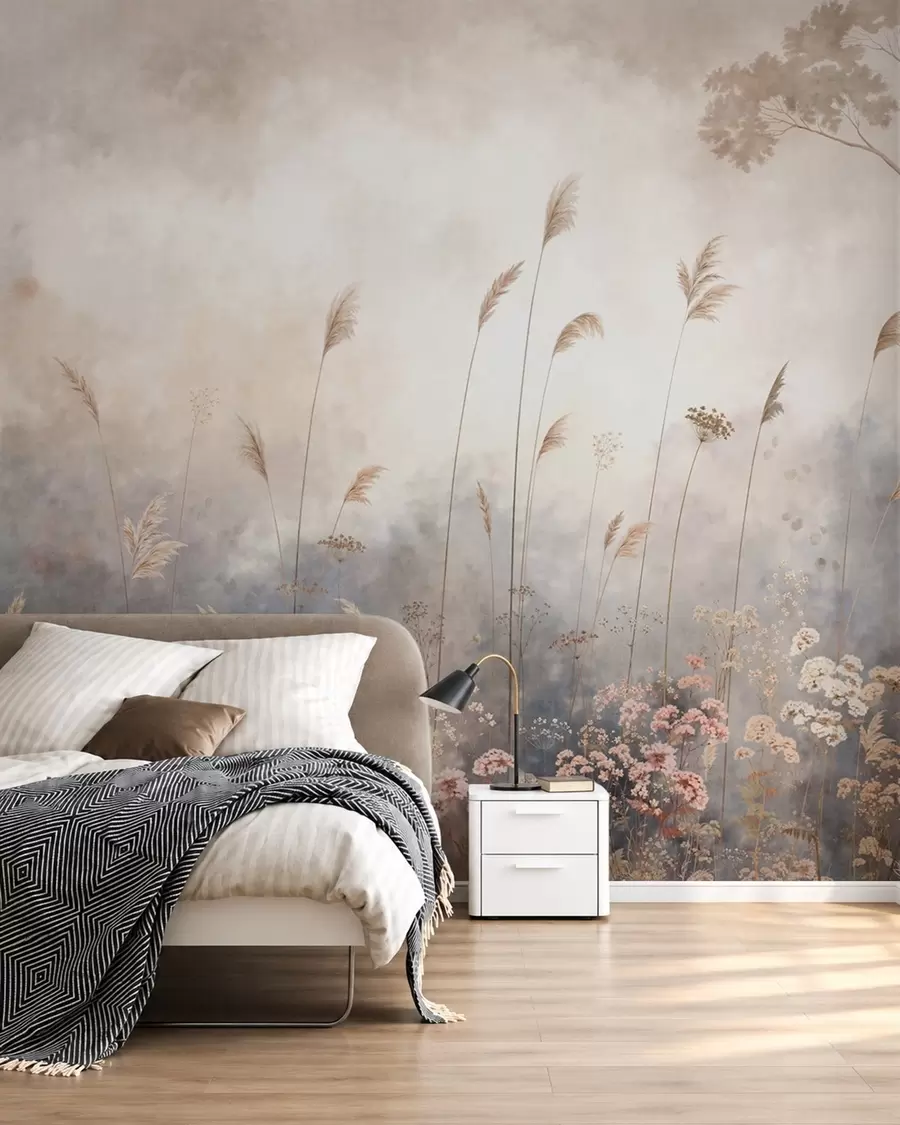 murales de pared Flores silvestres y hierbas altas en un paisaje brumoso w05959