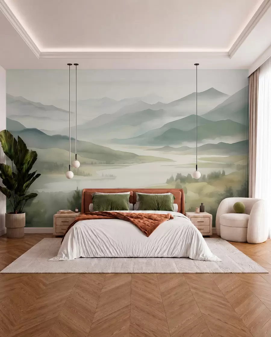 murales de pared Montañas con un lago de fondo w05833