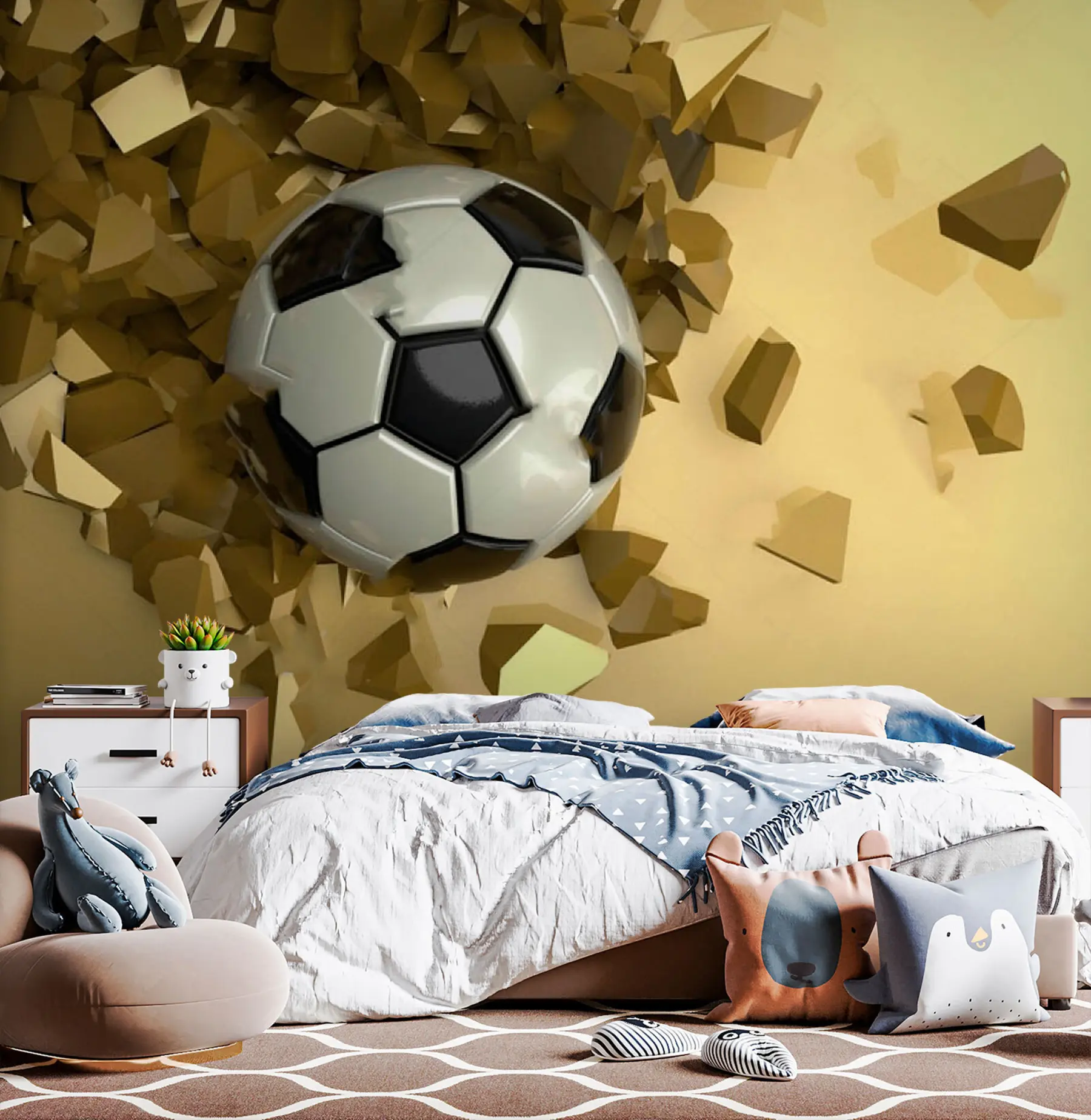 murales de pared Un balón de fútbol atraviesa un muro amarillo u72801