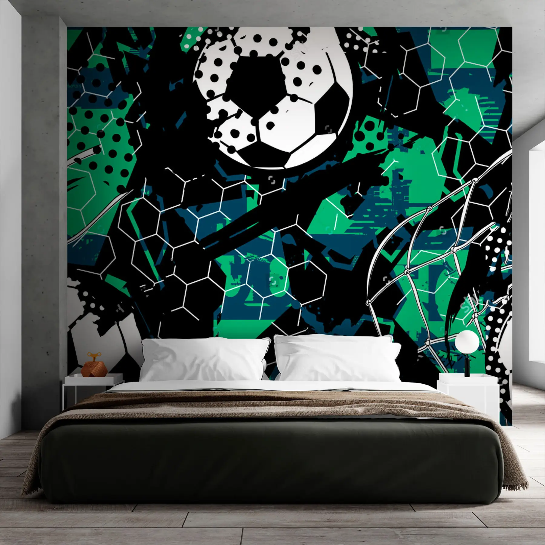 murales de pared Abstracción negro-verde y pelotas de fútbol. u73014