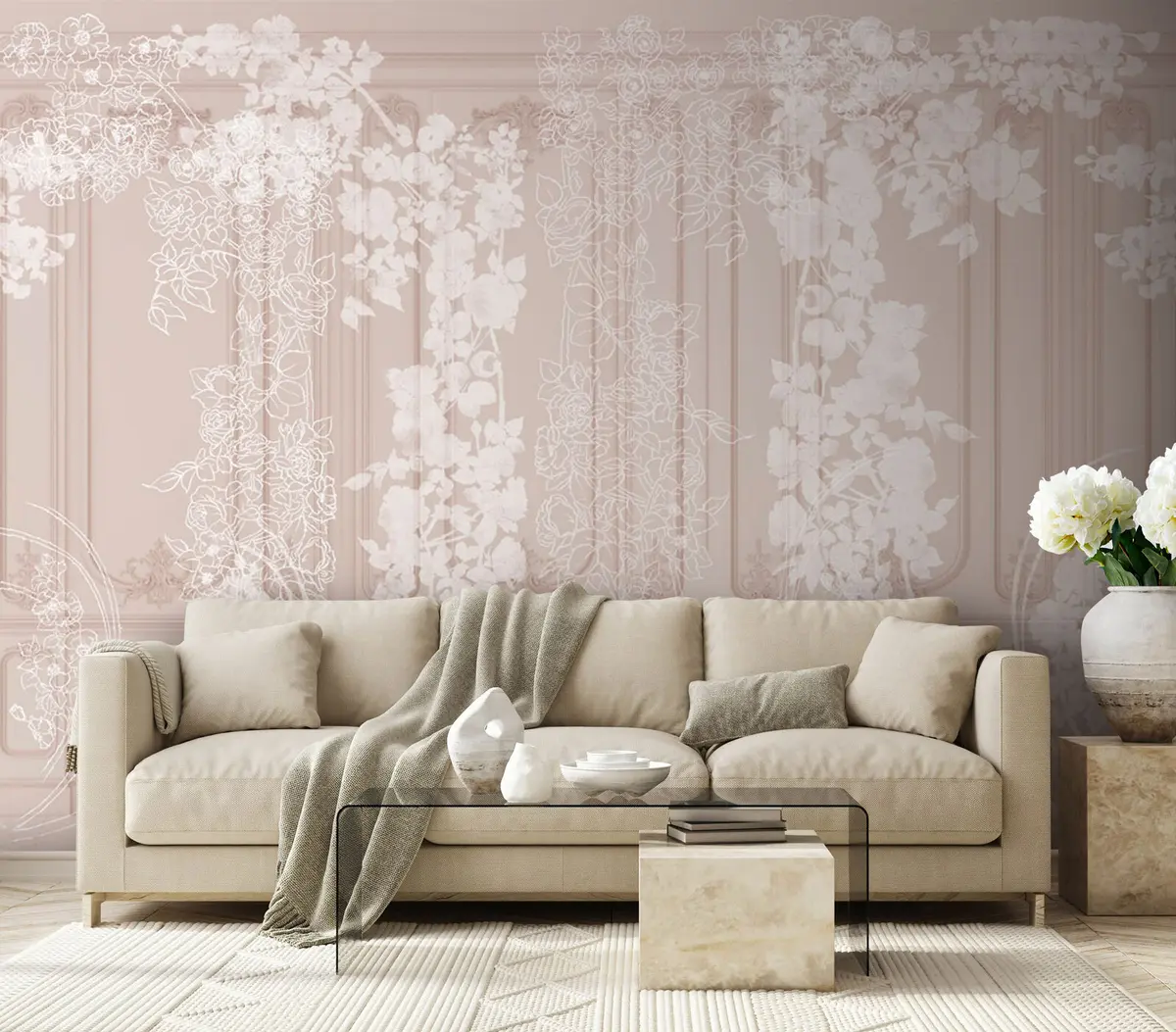 murales de pared Muro de Buaseri clásico con flores blancas u73533