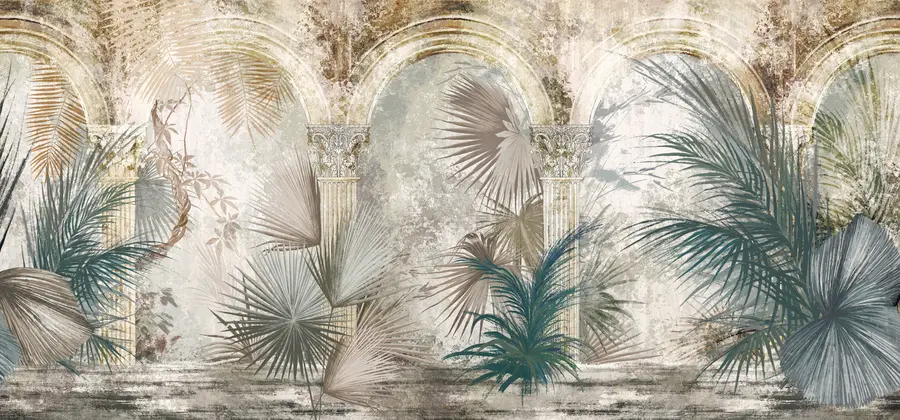 murales de pared Entre las columnas se encuentran plantas y hojas tropicales y exóticas. u78667