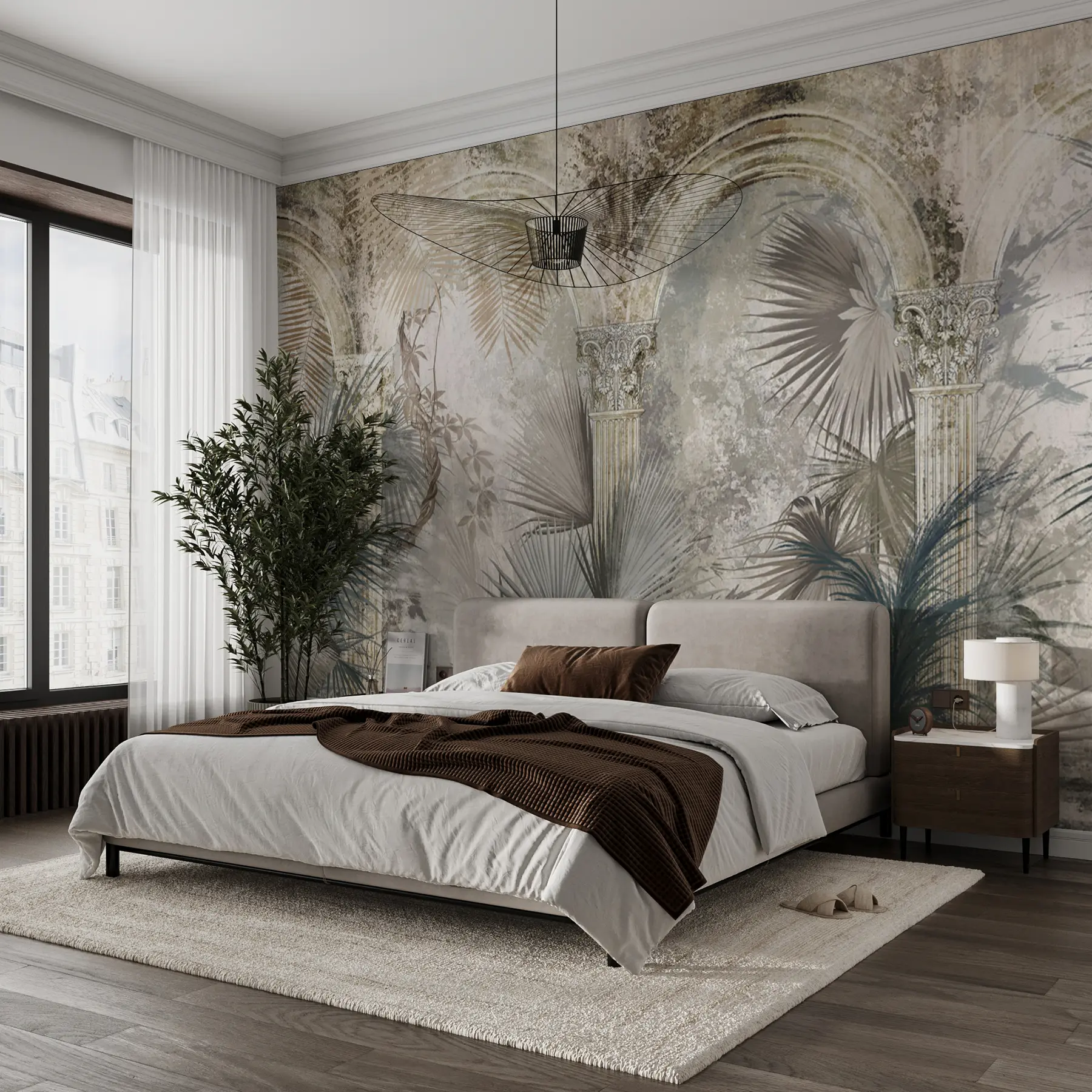 murales de pared Entre las columnas se encuentran plantas y hojas tropicales y exóticas. u78667