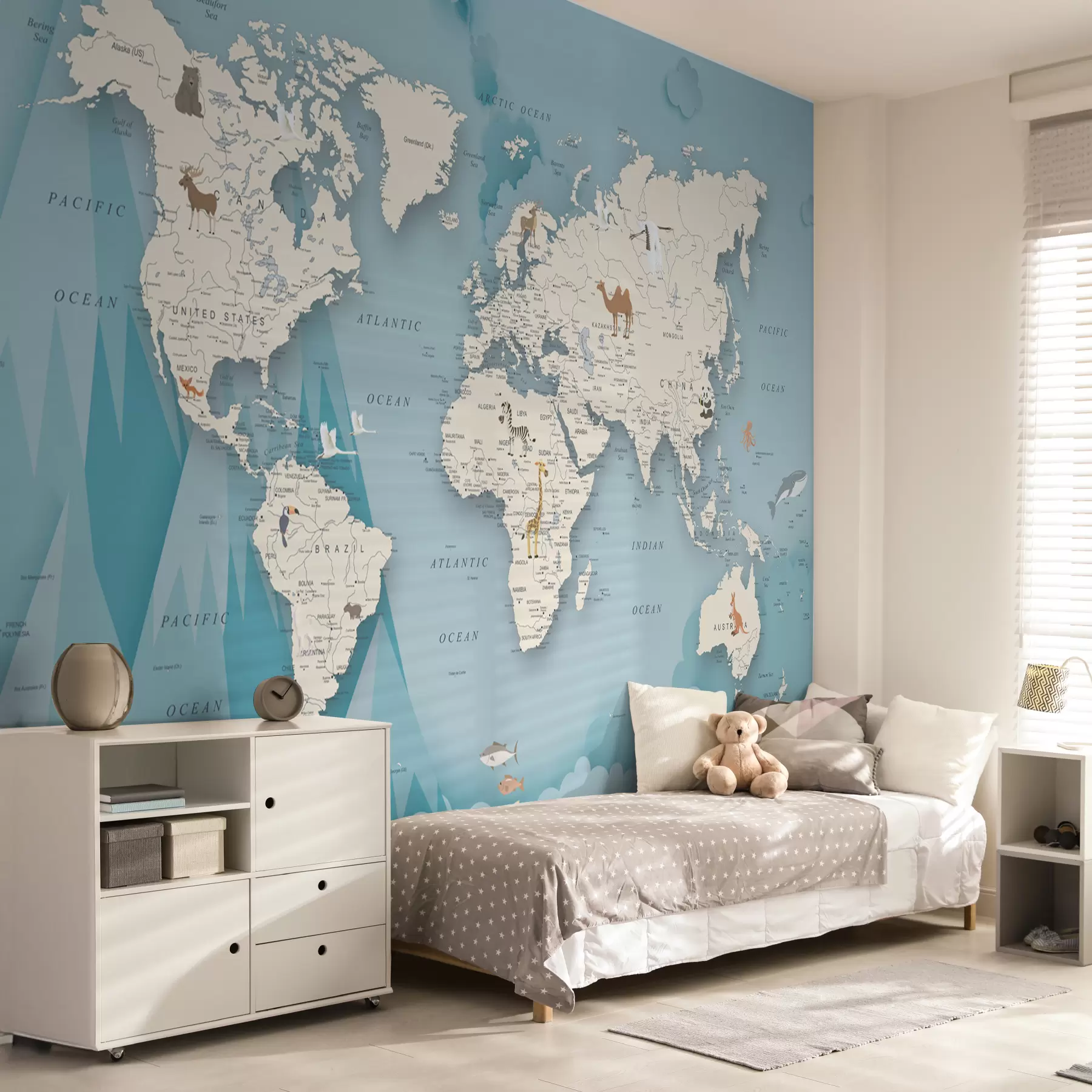 murales de pared Mapa mundial en el fondo de las montañas u79831