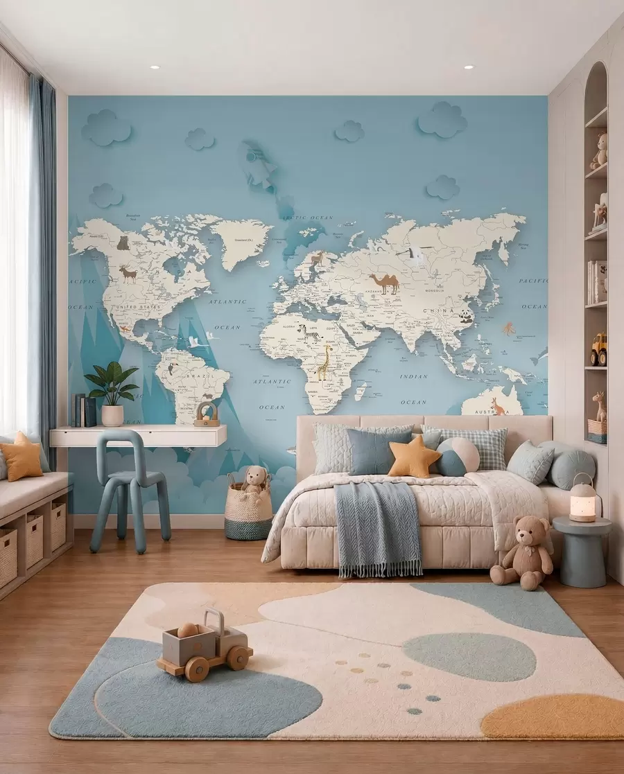 murales de pared Mapa mundial en el fondo de las montañas u79831