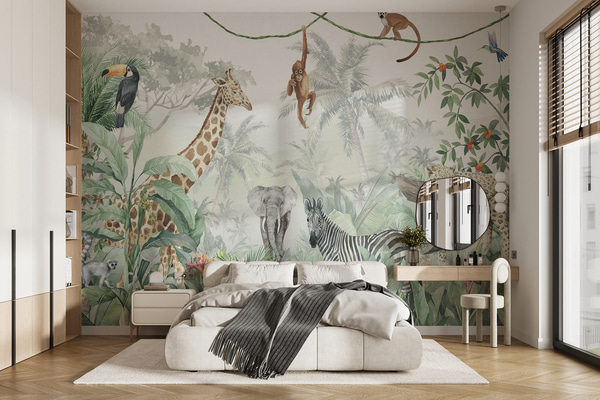 Fotomurale Papel pintado Panorama de la jungla con animales, Fotomurales Infantiles, u74709 : uwalls.cl