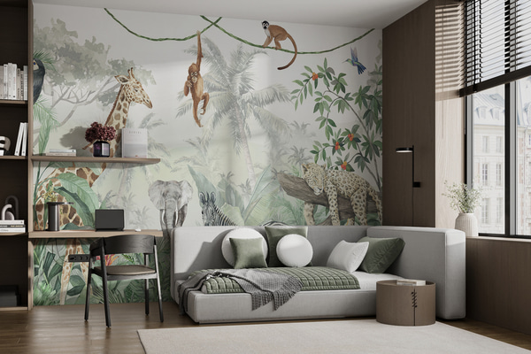 Fotomurale Papel pintado Panorama de la jungla con animales, Fotomurales Infantiles, u74709 : uwalls.cl