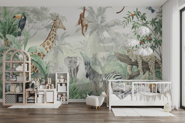 Fotomurale Papel pintado Panorama de la jungla con animales, Fotomurales Infantiles, u74709 : uwalls.cl