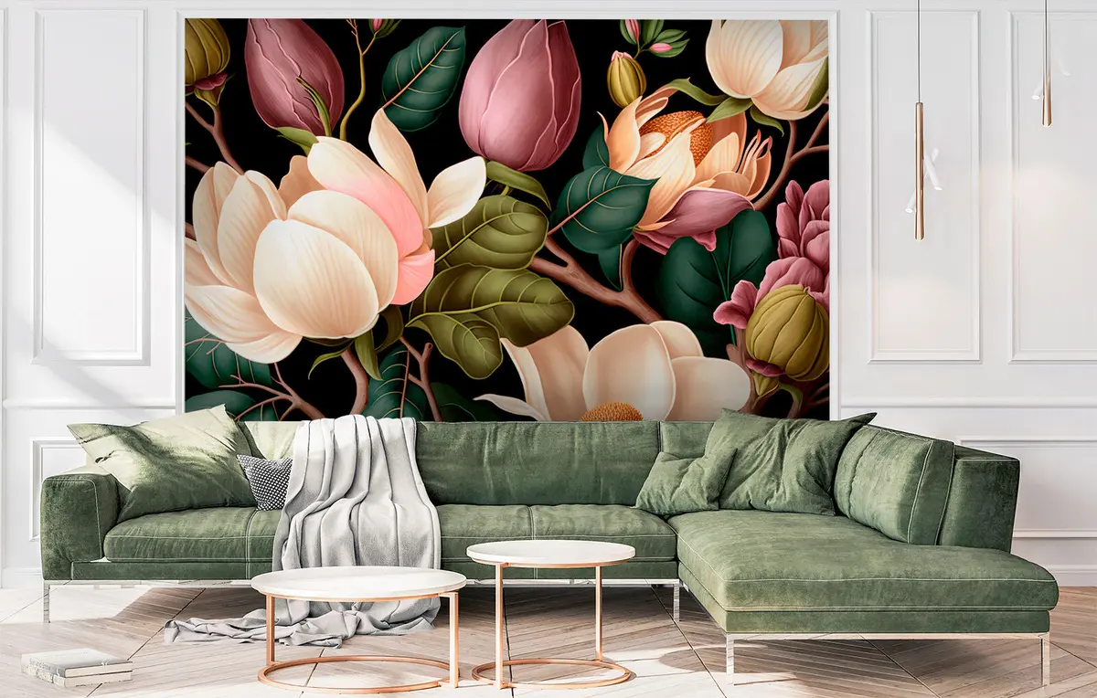 murales de pared Ramo de flores en una rama de árbol sobre un fondo negro u74756