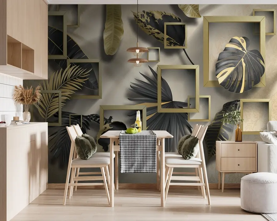 murales de pared Hojas tropicales contra el fondo de los rectángulos marrones u75342