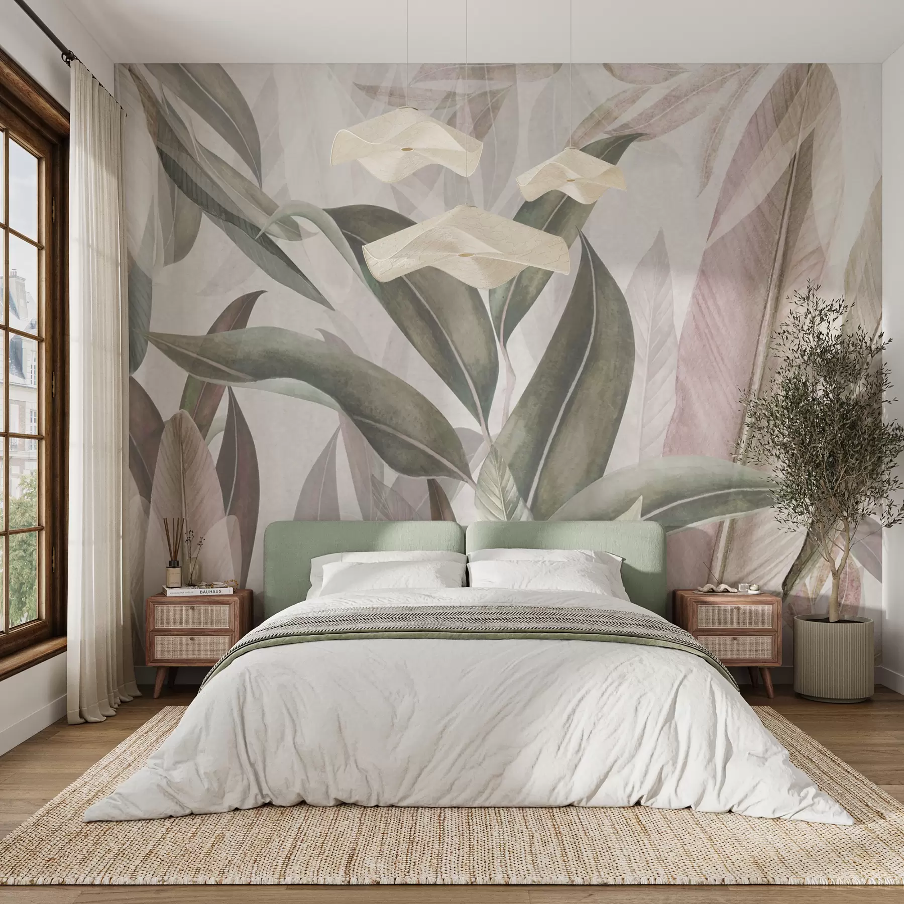 murales de pared Hojas de palma verdes y rosadas u94302