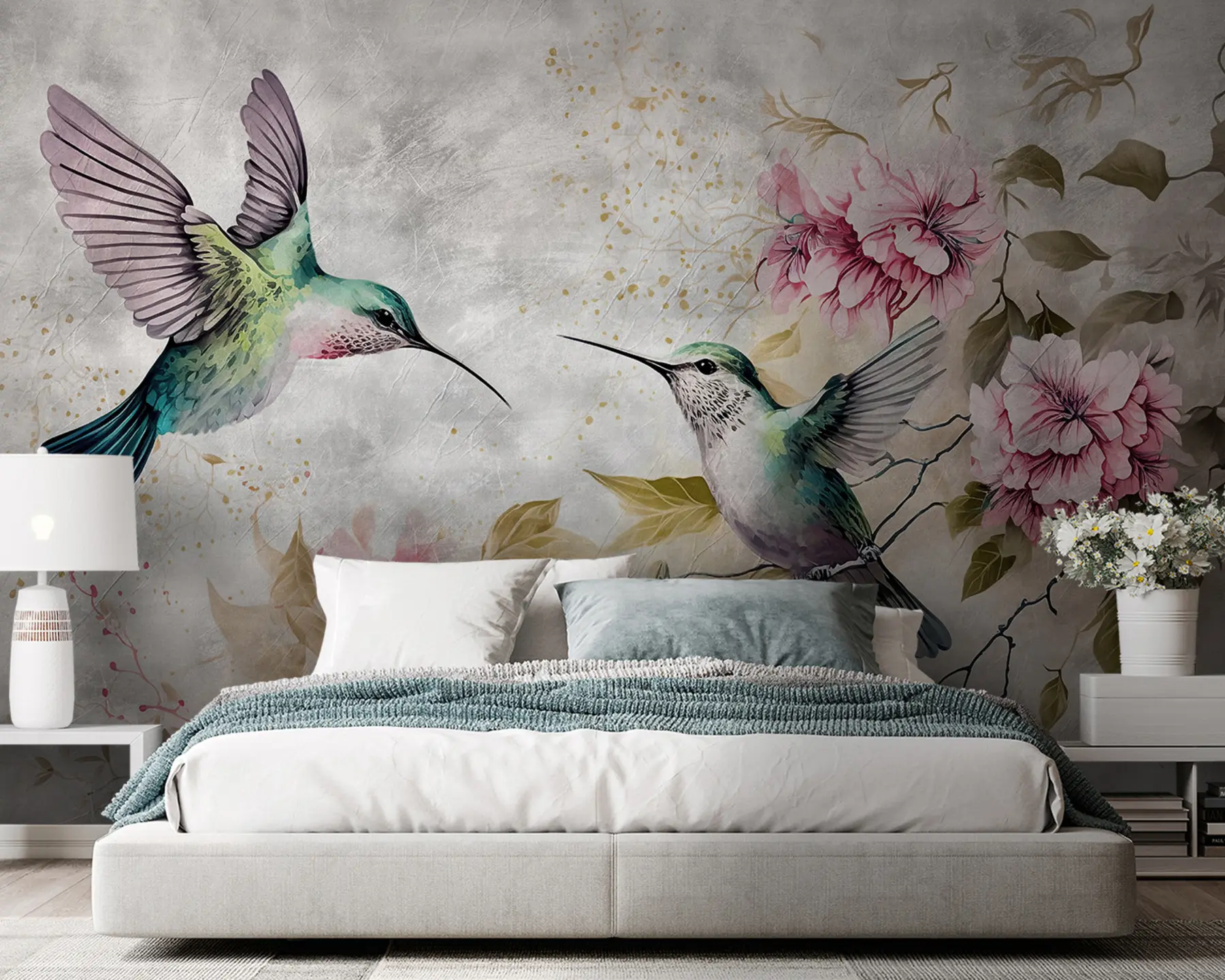 murales de pared Colibríes de acuarela en una rama u93994