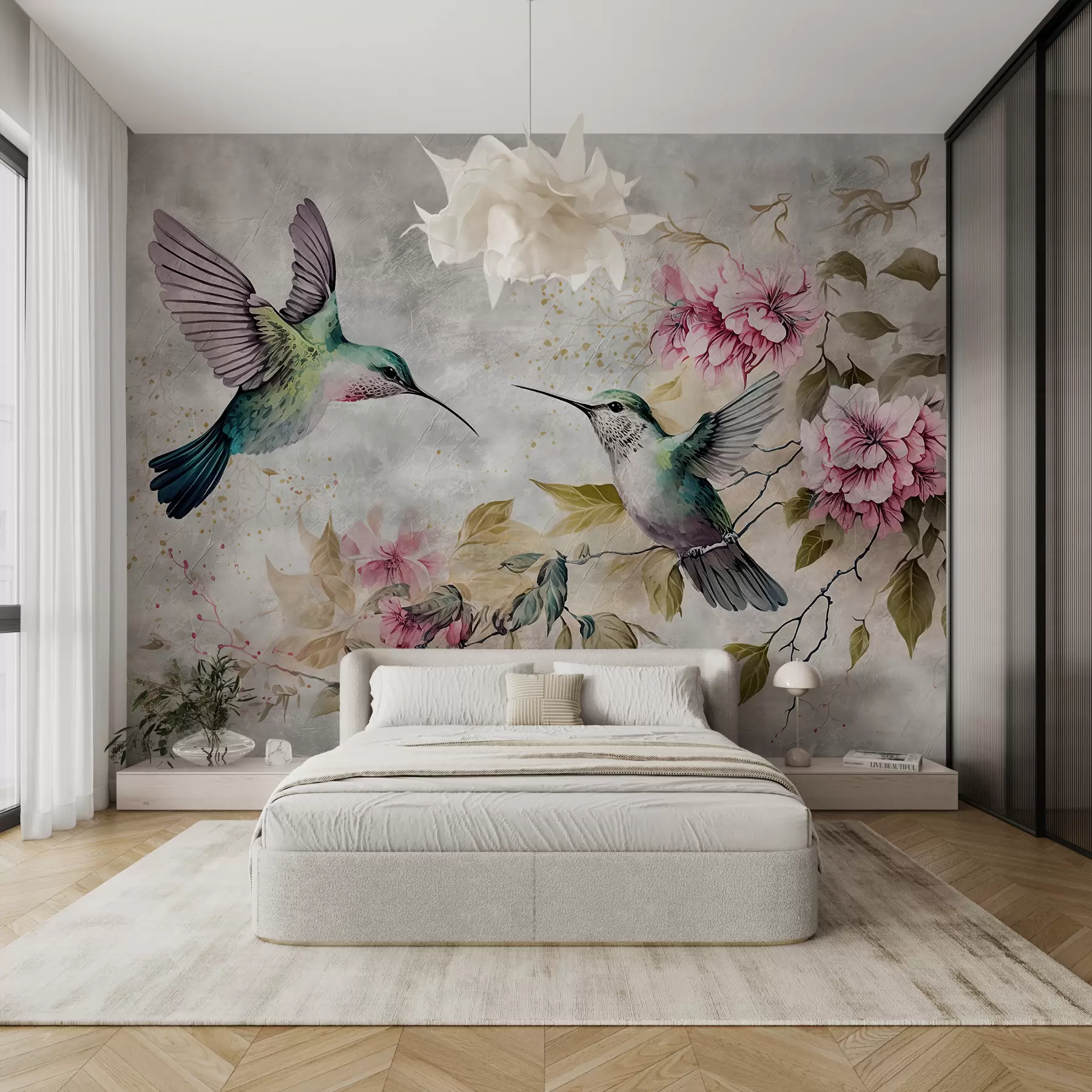 murales de pared Colibríes de acuarela en una rama u93994